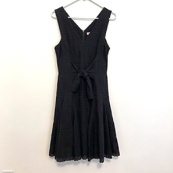 REBECCA TAYLOR Tie Embroidered Gauze Dress Black Geo Eyelet Boho Midi Fit Flare - Picture 2 of 16